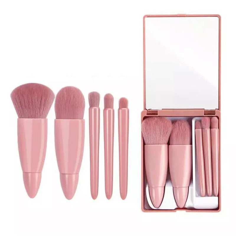 Kit Mini Espelho De Maquiagem Portátil Com 5 Pcs Pincéis De Bolso Dobrável