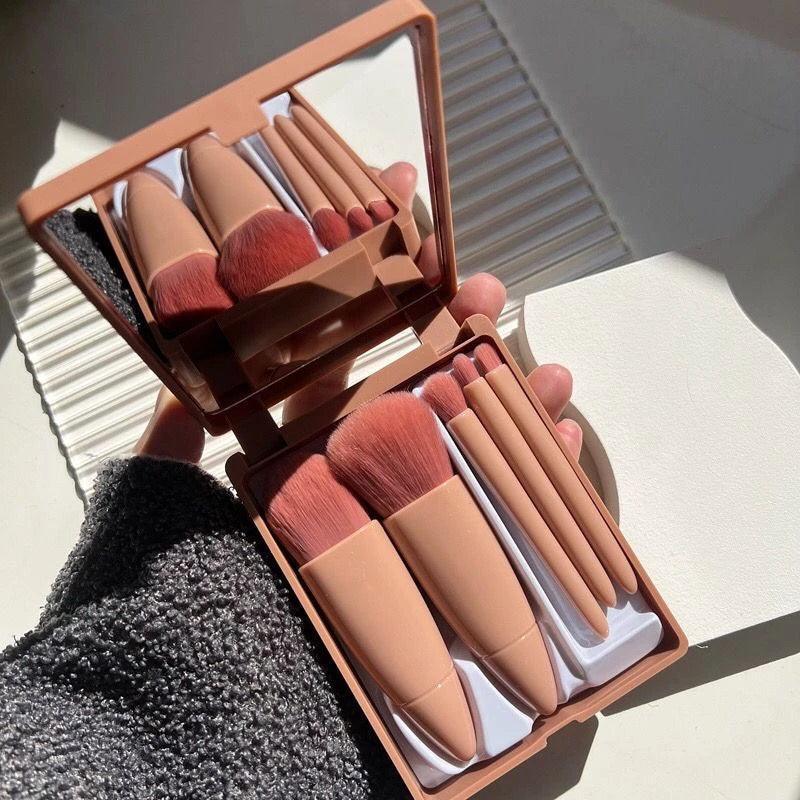Kit Mini Espelho De Maquiagem Portátil Com 5 Pcs Pincéis De Bolso Dobrável